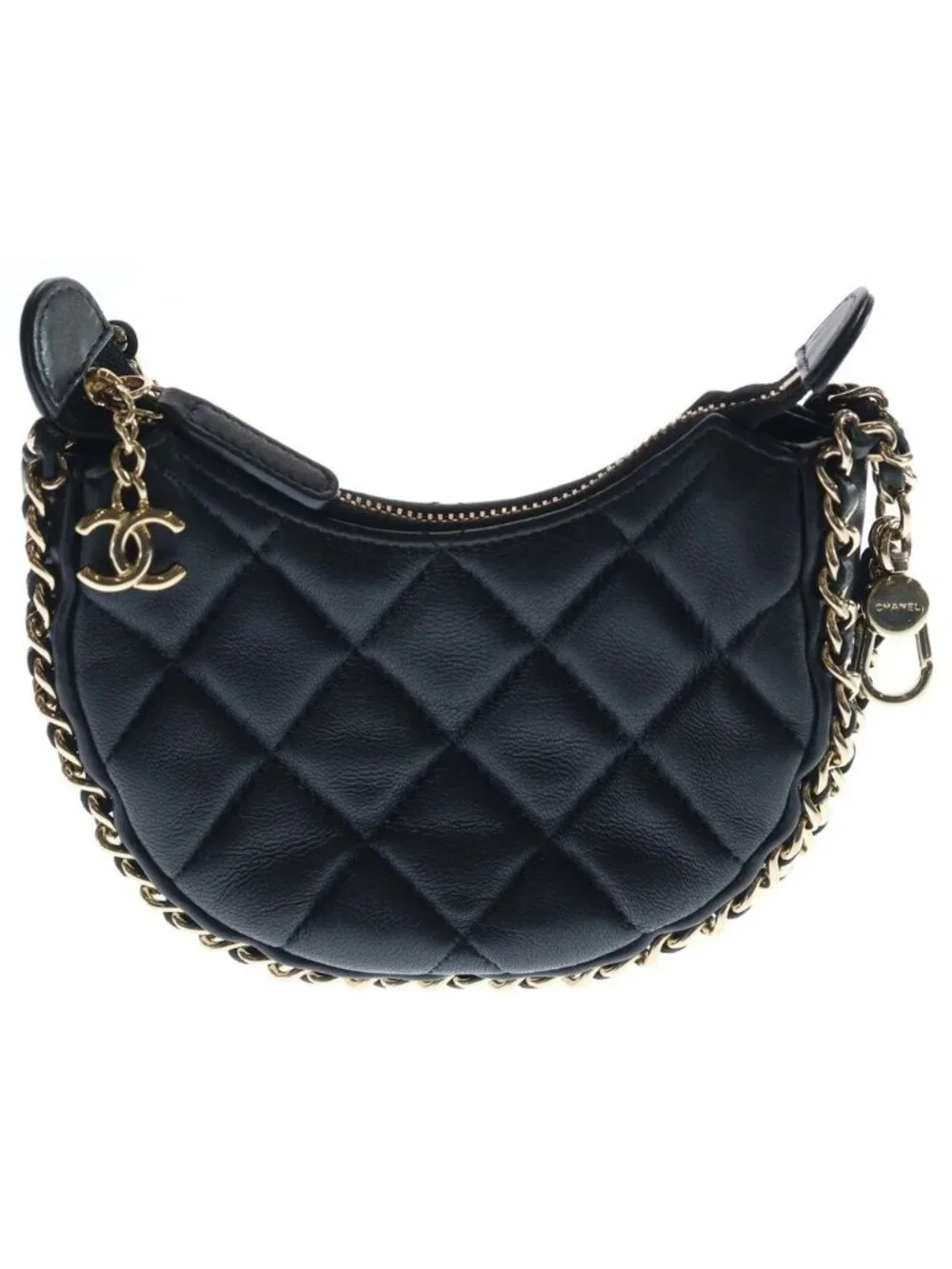 Chanel Quilted Hobo Back Chain Shoulder Mini Gold Lambskin Black